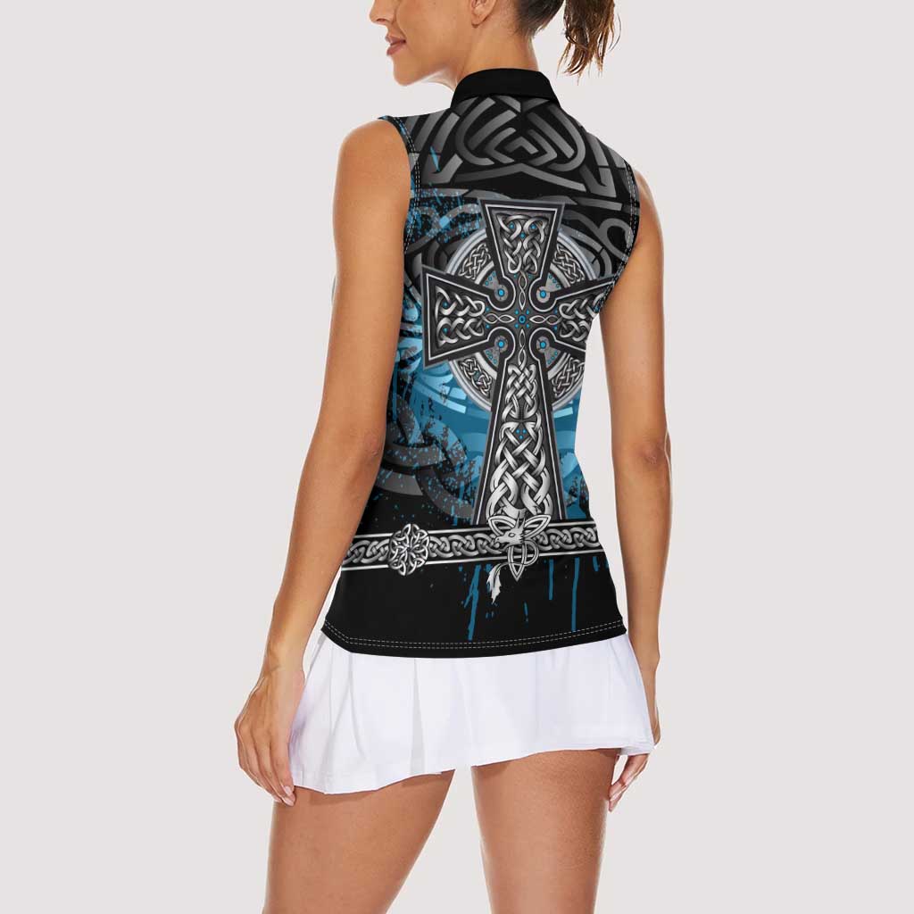 Thor Hammer Viking Women Sleeveless Polo Shirt with Celtic Knots and Blue Splatter Norse Heritage Tribute - Wonder Print Shop