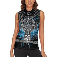 Thor Hammer Viking Women Sleeveless Polo Shirt with Celtic Knots and Blue Splatter Norse Heritage Tribute - Wonder Print Shop