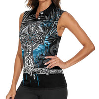Thor Hammer Viking Women Sleeveless Polo Shirt with Celtic Knots and Blue Splatter Norse Heritage Tribute - Wonder Print Shop
