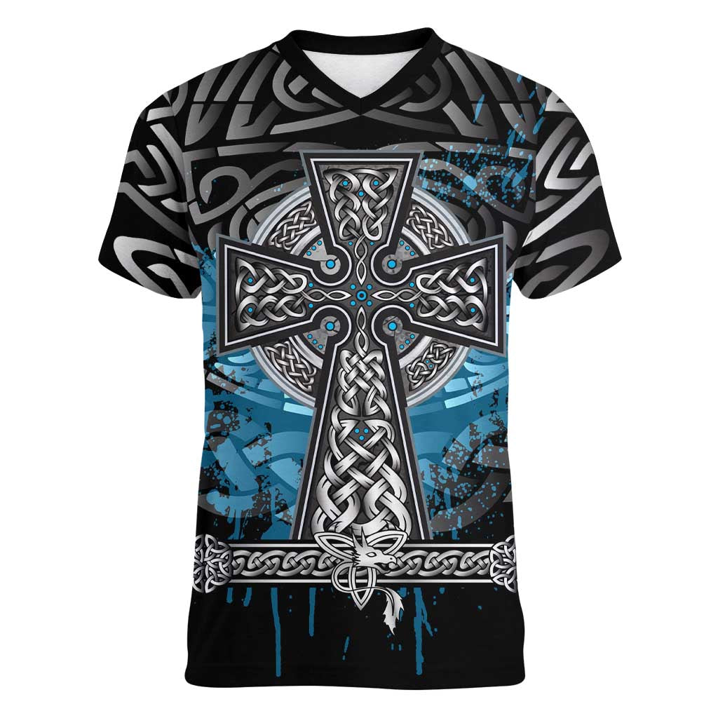 Thor Hammer Viking Women V-Neck T-Shirt with Celtic Knots and Blue Splatter Norse Heritage Tribute - Wonder Print Shop