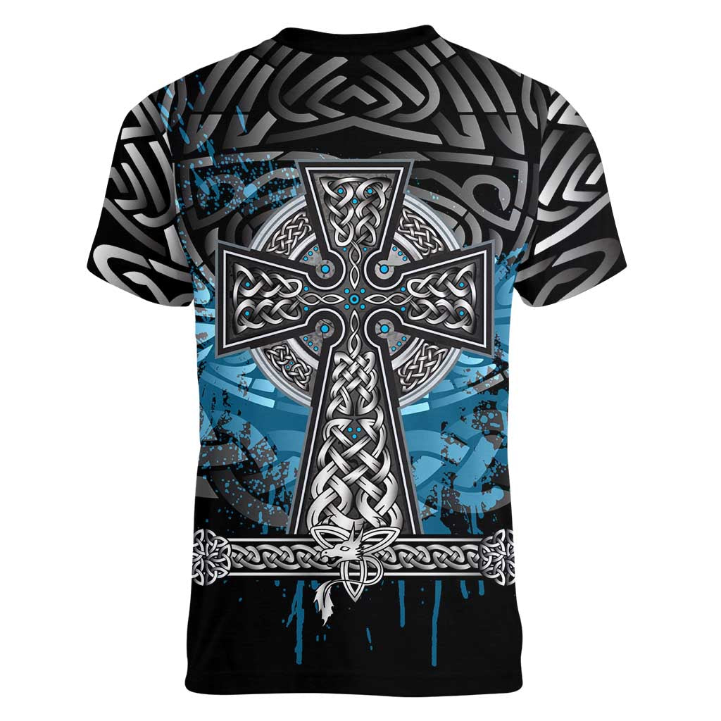 Thor Hammer Viking Women V-Neck T-Shirt with Celtic Knots and Blue Splatter Norse Heritage Tribute - Wonder Print Shop