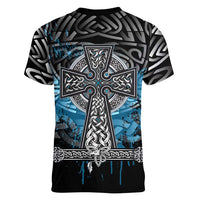 Thor Hammer Viking Women V-Neck T-Shirt with Celtic Knots and Blue Splatter Norse Heritage Tribute - Wonder Print Shop