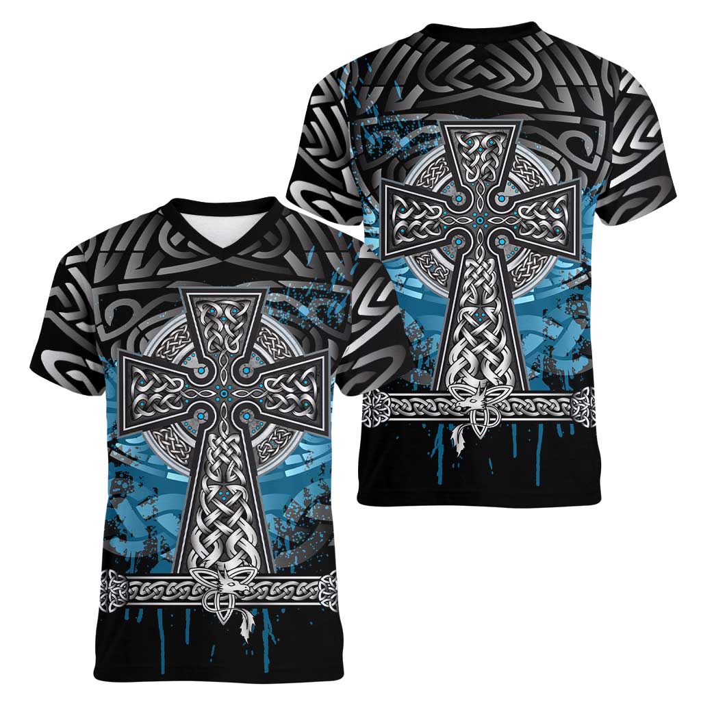 Thor Hammer Viking Women V-Neck T-Shirt with Celtic Knots and Blue Splatter Norse Heritage Tribute - Wonder Print Shop