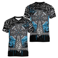 Thor Hammer Viking Women V-Neck T-Shirt with Celtic Knots and Blue Splatter Norse Heritage Tribute - Wonder Print Shop