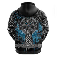 Thor Hammer Viking Zip Hoodie with Celtic Knots and Blue Splatter Norse Heritage Tribute - Wonder Print Shop