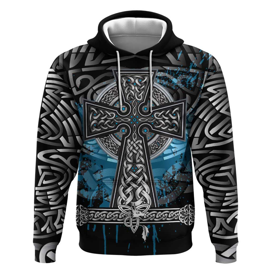 Thor Hammer Viking Zip Hoodie with Celtic Knots and Blue Splatter Norse Heritage Tribute - Wonder Print Shop
