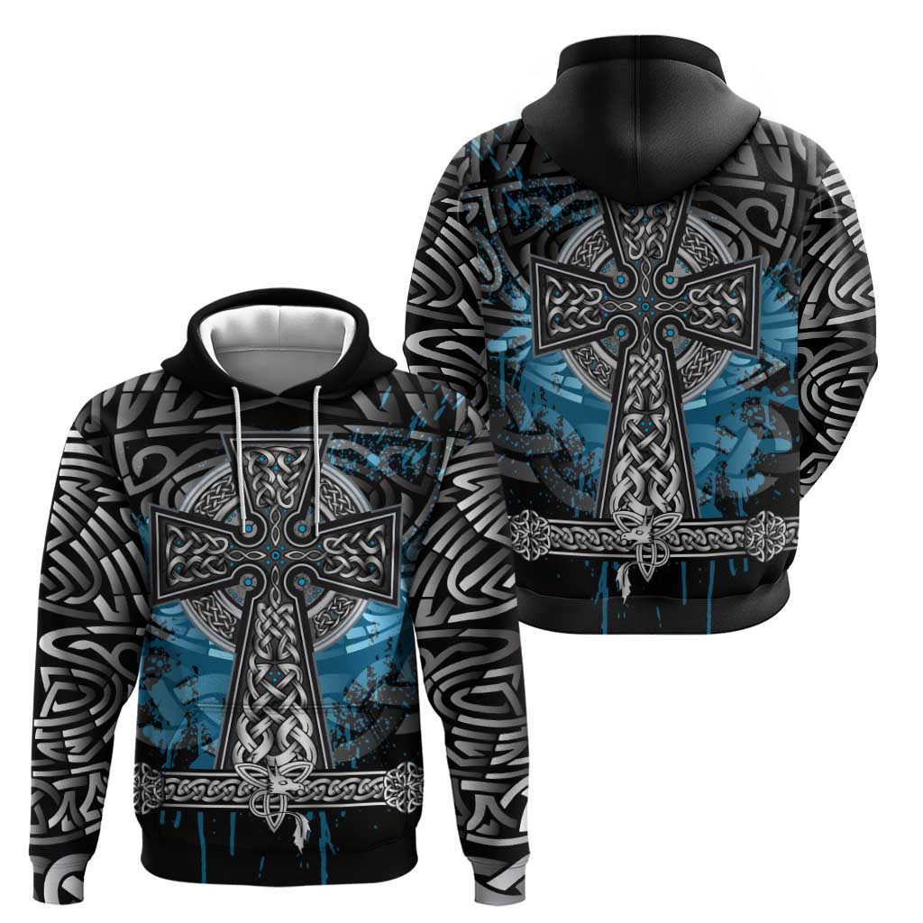 Thor Hammer Viking Zip Hoodie with Celtic Knots and Blue Splatter Norse Heritage Tribute - Wonder Print Shop