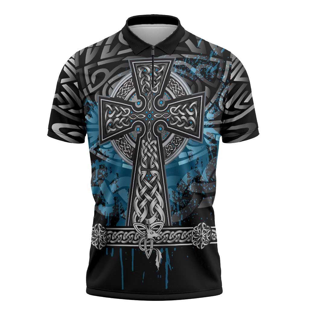 Thor Hammer Viking Zipper Polo Shirt with Celtic Knots and Blue Splatter Norse Heritage Tribute - Wonder Print Shop
