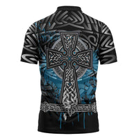Thor Hammer Viking Zipper Polo Shirt with Celtic Knots and Blue Splatter Norse Heritage Tribute - Wonder Print Shop