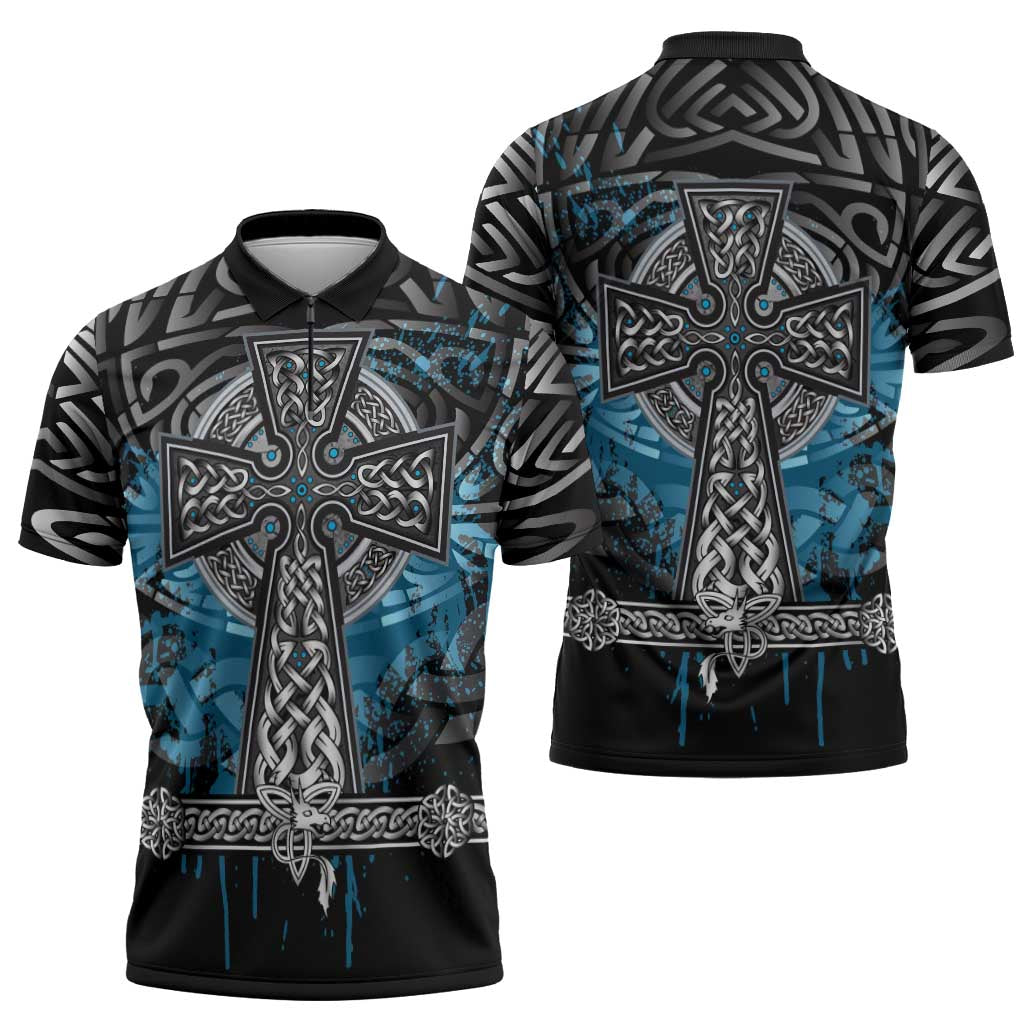 Thor Hammer Viking Zipper Polo Shirt with Celtic Knots and Blue Splatter Norse Heritage Tribute - Wonder Print Shop