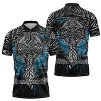 Thor Hammer Viking Zipper Polo Shirt with Celtic Knots and Blue Splatter Norse Heritage Tribute - Wonder Print Shop