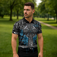 Thor Hammer Viking Zipper Polo Shirt with Celtic Knots and Blue Splatter Norse Heritage Tribute - Wonder Print Shop