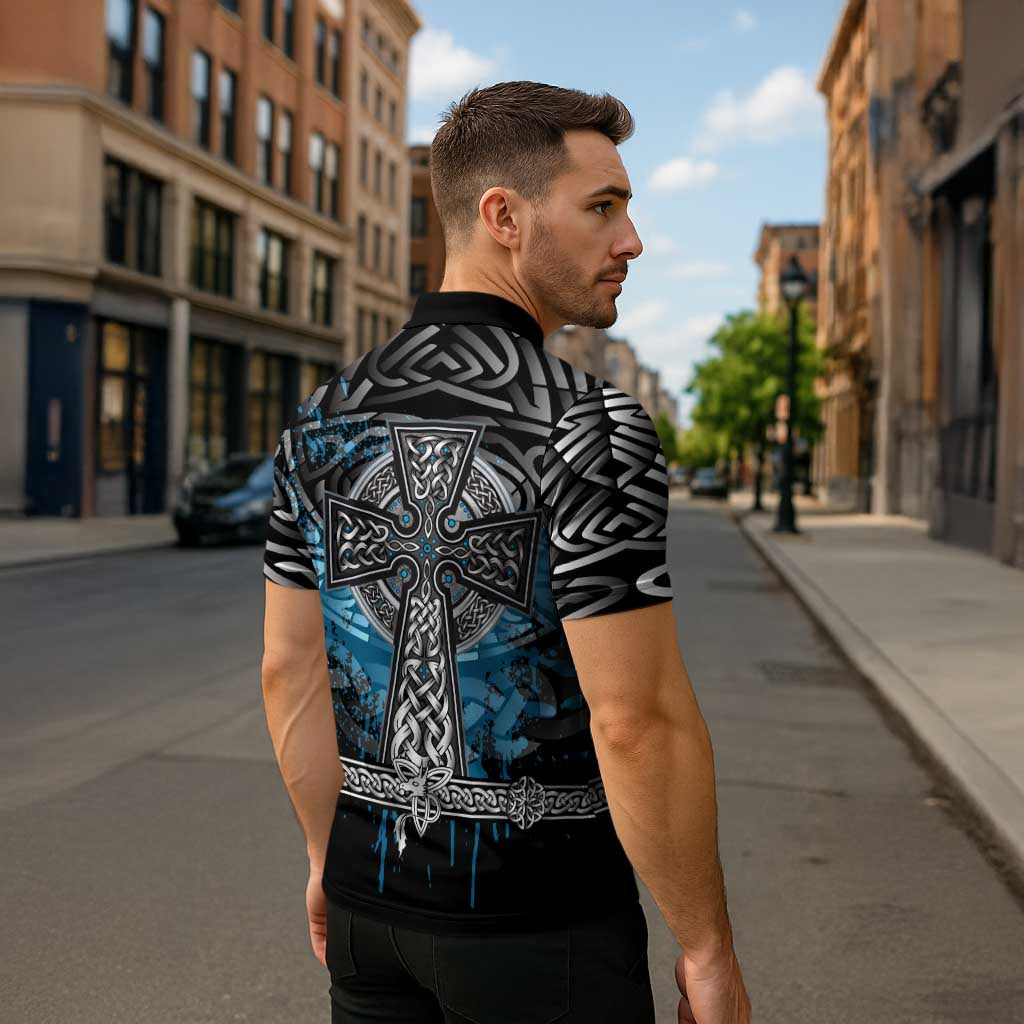 Thor Hammer Viking Zipper Polo Shirt with Celtic Knots and Blue Splatter Norse Heritage Tribute - Wonder Print Shop