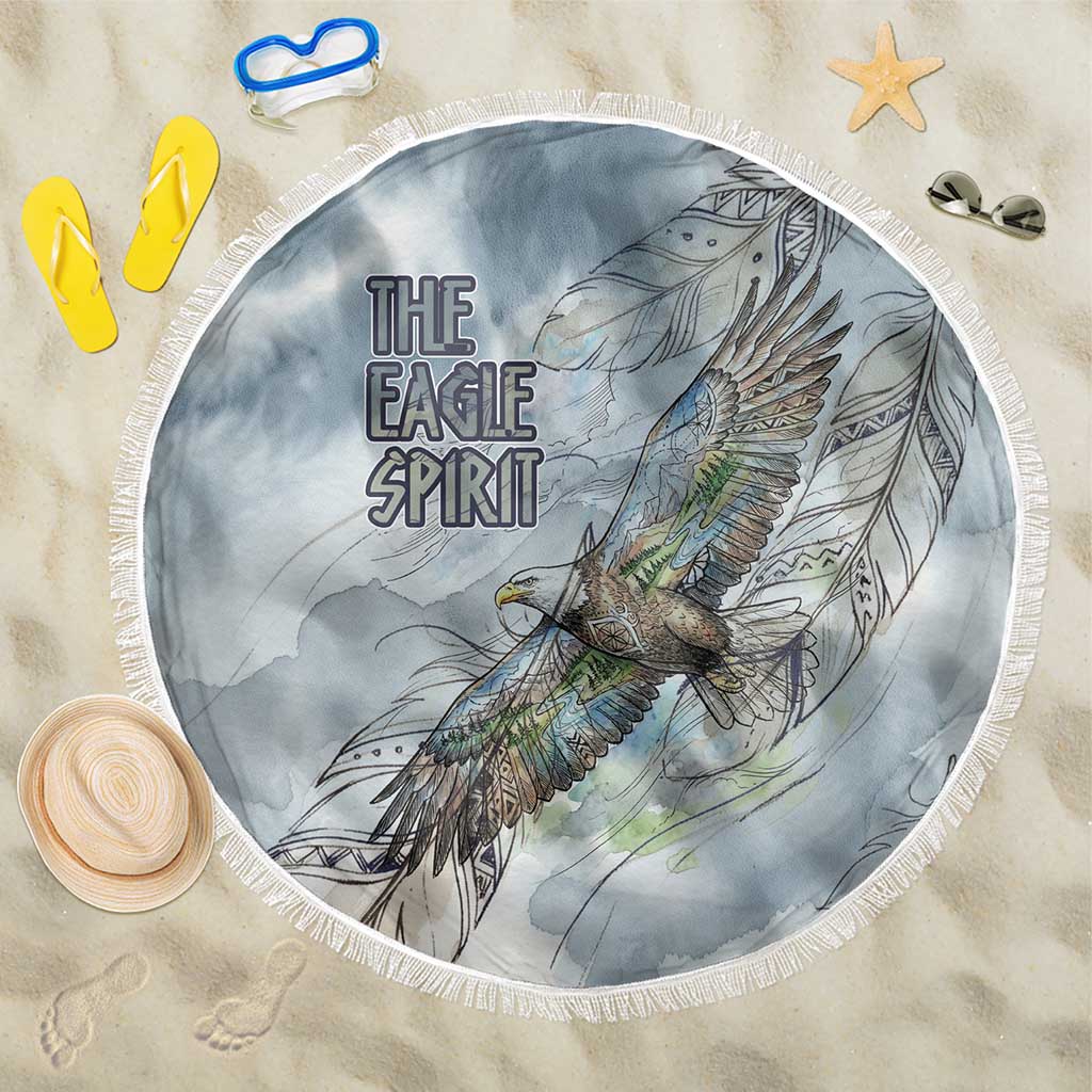 The Eagle Spirit Native American Beach Blanket Soaring Bald Eagle and Tribal Feathers Watercolor Sky - Wonder Print Shop