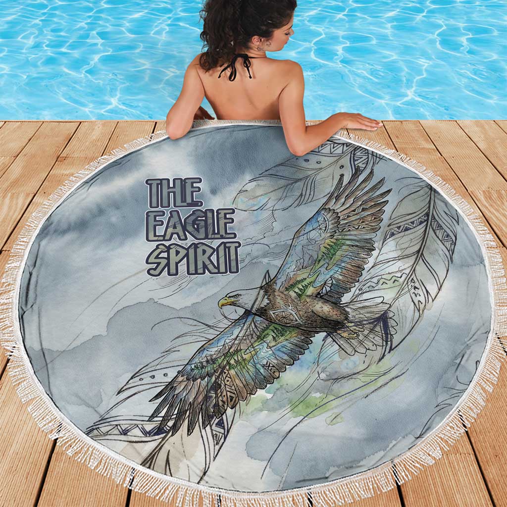 The Eagle Spirit Native American Beach Blanket Soaring Bald Eagle and Tribal Feathers Watercolor Sky - Wonder Print Shop