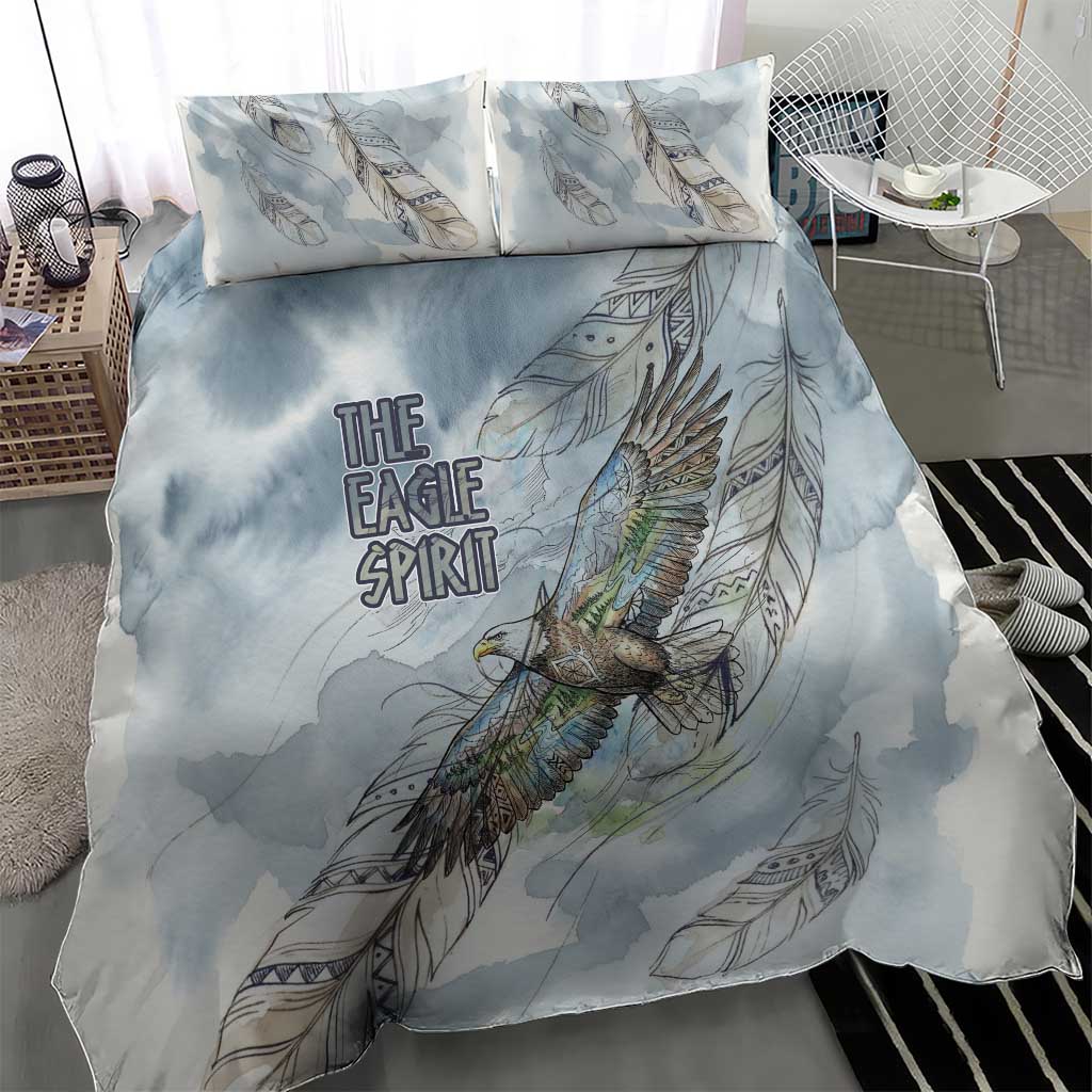 The Eagle Spirit Native American Bedding Set Soaring Bald Eagle and Tribal Feathers Watercolor Sky - Wonder Print Shop