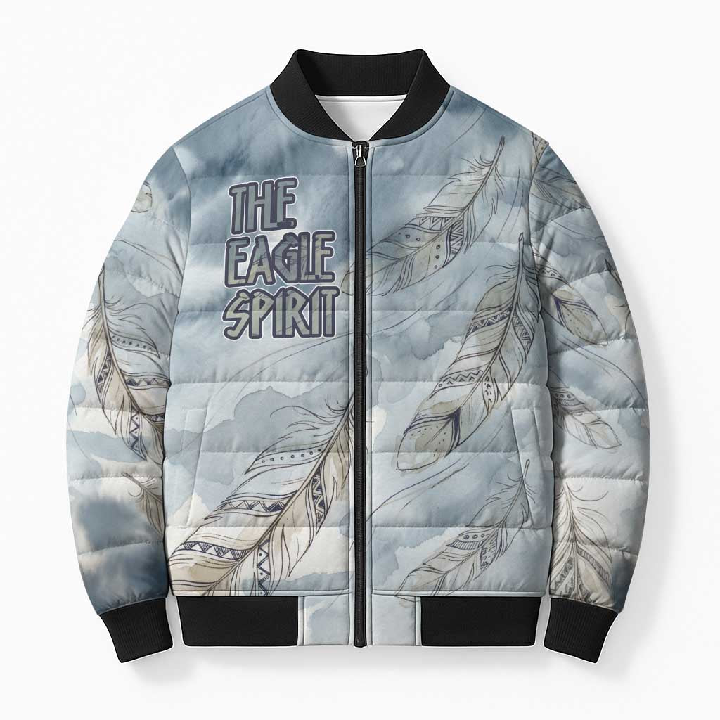 The Eagle Spirit Native American Bomber Puffer Jacket Soaring Bald Eagle and Tribal Feathers Watercolor Sky - Wonder Print Shop