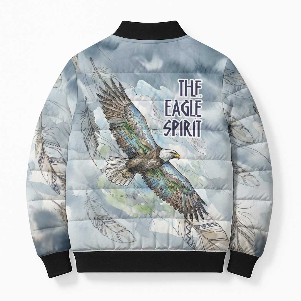 The Eagle Spirit Native American Bomber Puffer Jacket Soaring Bald Eagle and Tribal Feathers Watercolor Sky - Wonder Print Shop