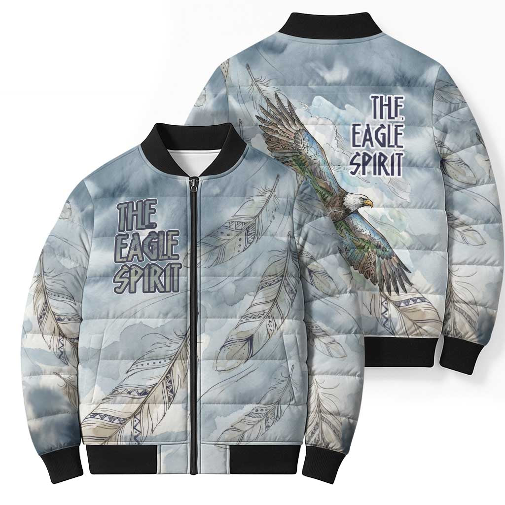 The Eagle Spirit Native American Bomber Puffer Jacket Soaring Bald Eagle and Tribal Feathers Watercolor Sky - Wonder Print Shop