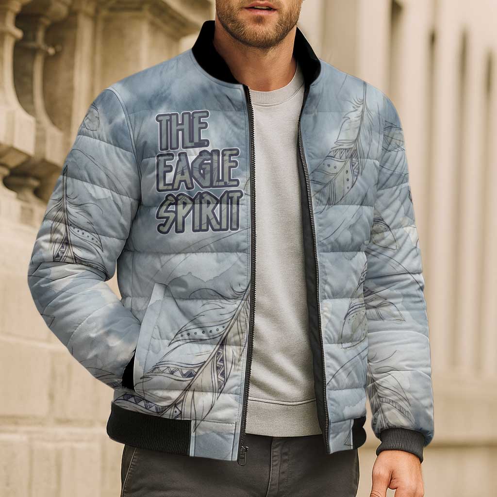 The Eagle Spirit Native American Bomber Puffer Jacket Soaring Bald Eagle and Tribal Feathers Watercolor Sky - Wonder Print Shop