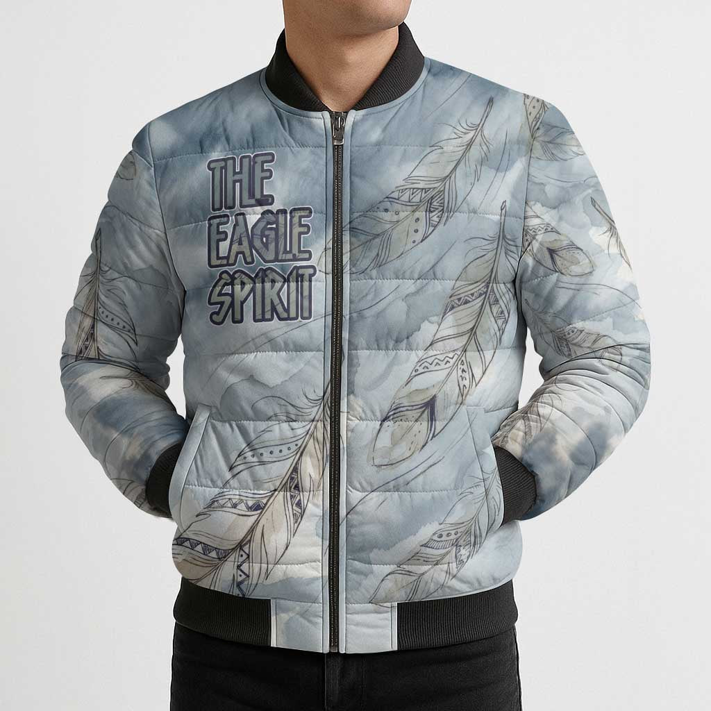 The Eagle Spirit Native American Bomber Puffer Jacket Soaring Bald Eagle and Tribal Feathers Watercolor Sky - Wonder Print Shop