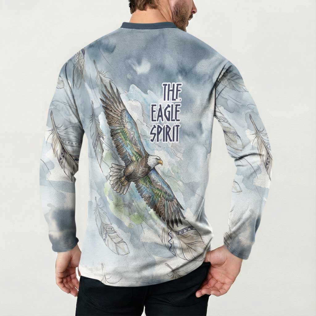 The Eagle Spirit Native American Button Sweatshirt Soaring Bald Eagle and Tribal Feathers Watercolor Sky - Wonder Print Shop
