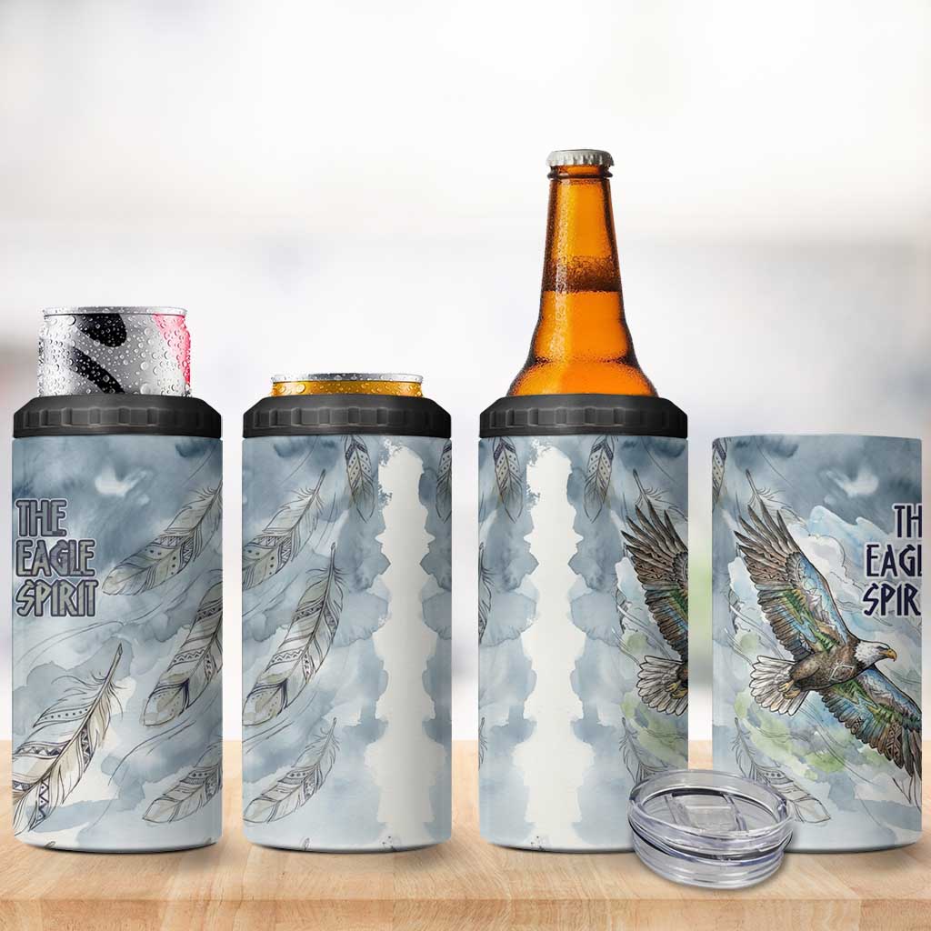 The Eagle Spirit Native American 4 in 1 Can Cooler Tumbler Soaring Bald Eagle and Tribal Feathers Watercolor Sky - Wonder Print Shop