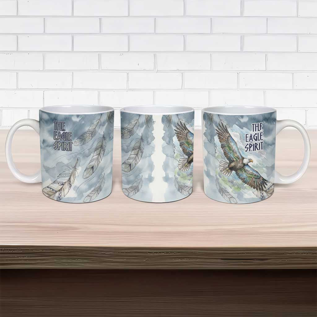The Eagle Spirit Native American Ceramic Mug Soaring Bald Eagle and Tribal Feathers Watercolor Sky - Wonder Print Shop