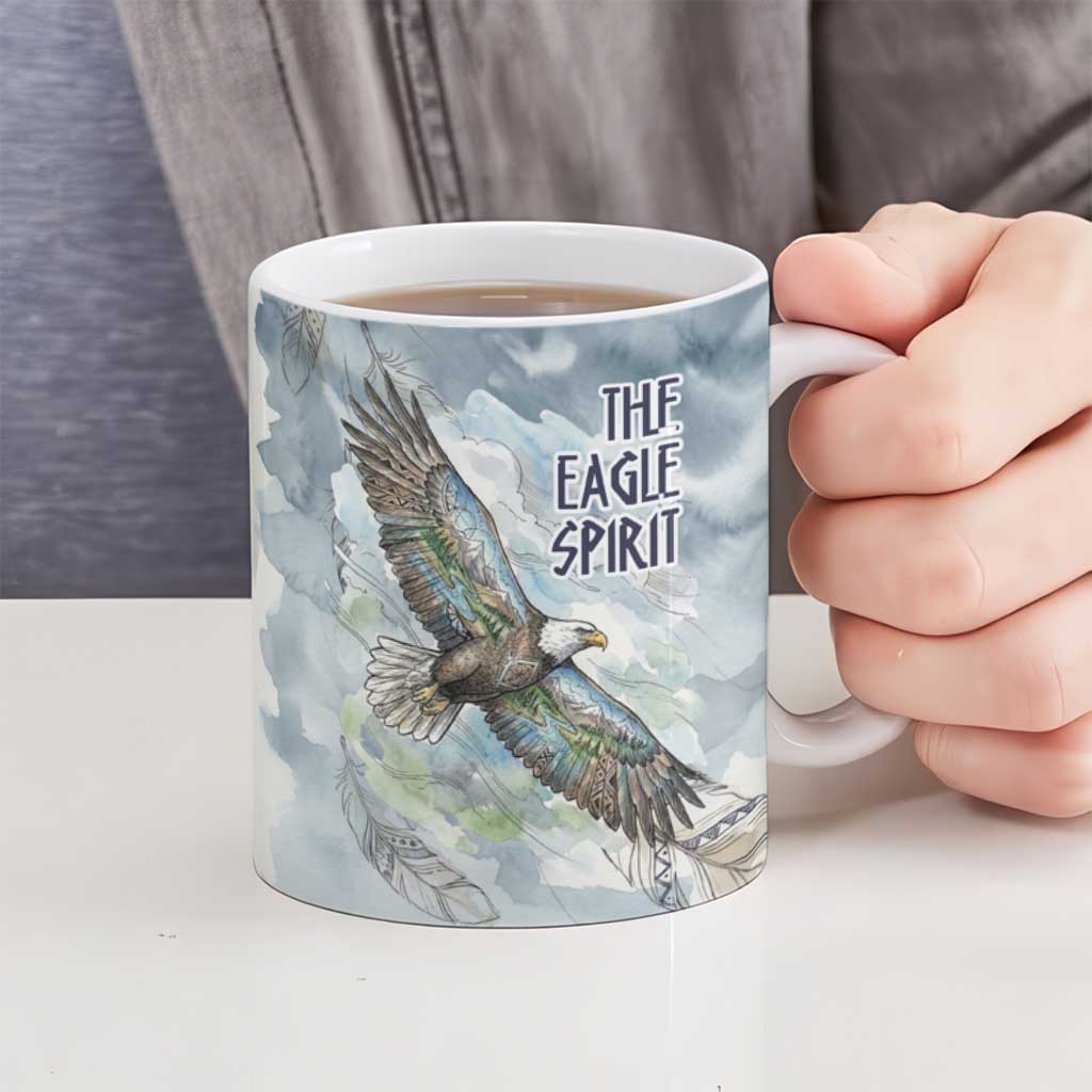 The Eagle Spirit Native American Ceramic Mug Soaring Bald Eagle and Tribal Feathers Watercolor Sky - Wonder Print Shop