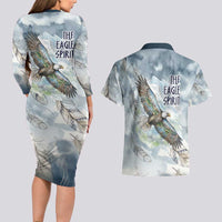 The Eagle Spirit Native American Couples Matching Long Sleeve Bodycon Dress and Hawaiian Shirt Soaring Bald Eagle and Tribal Feathers Watercolor Sky - Wonder Print Shop