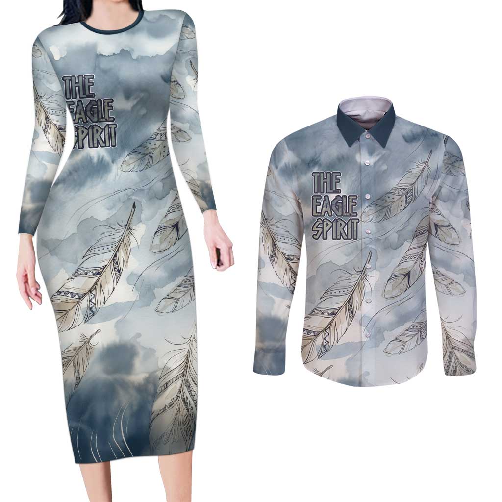 The Eagle Spirit Native American Couples Matching Long Sleeve Bodycon Dress and Long Sleeve Button Shirt Soaring Bald Eagle and Tribal Feathers Watercolor Sky - Wonder Print Shop