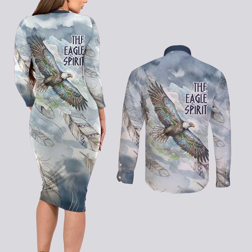 The Eagle Spirit Native American Couples Matching Long Sleeve Bodycon Dress and Long Sleeve Button Shirt Soaring Bald Eagle and Tribal Feathers Watercolor Sky - Wonder Print Shop