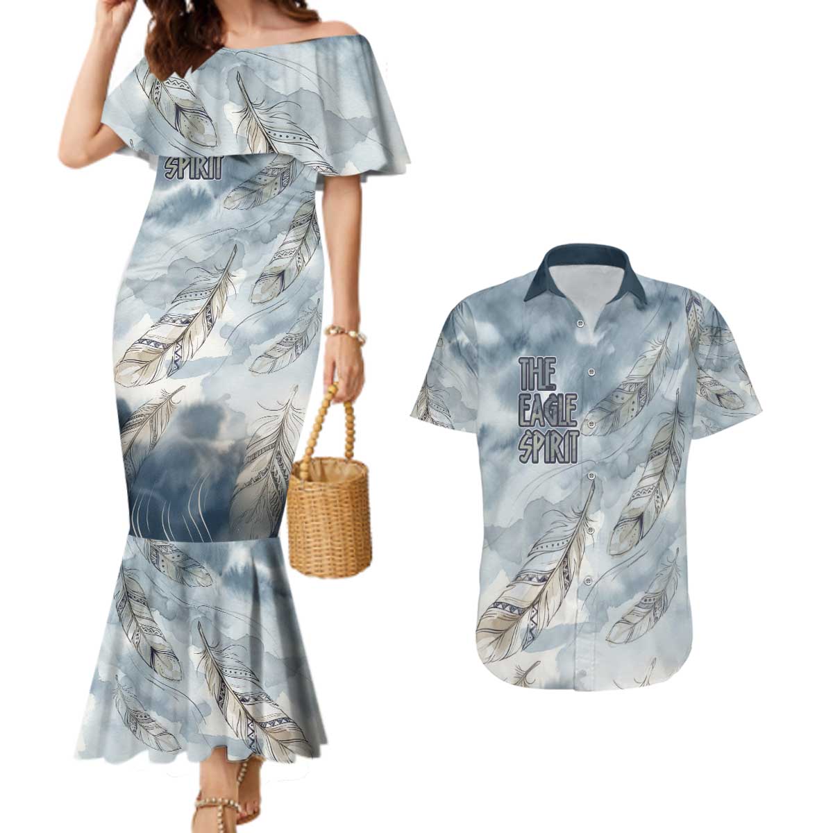 The Eagle Spirit Native American Couples Matching Mermaid Dress and Hawaiian Shirt Soaring Bald Eagle and Tribal Feathers Watercolor Sky - Wonder Print Shop