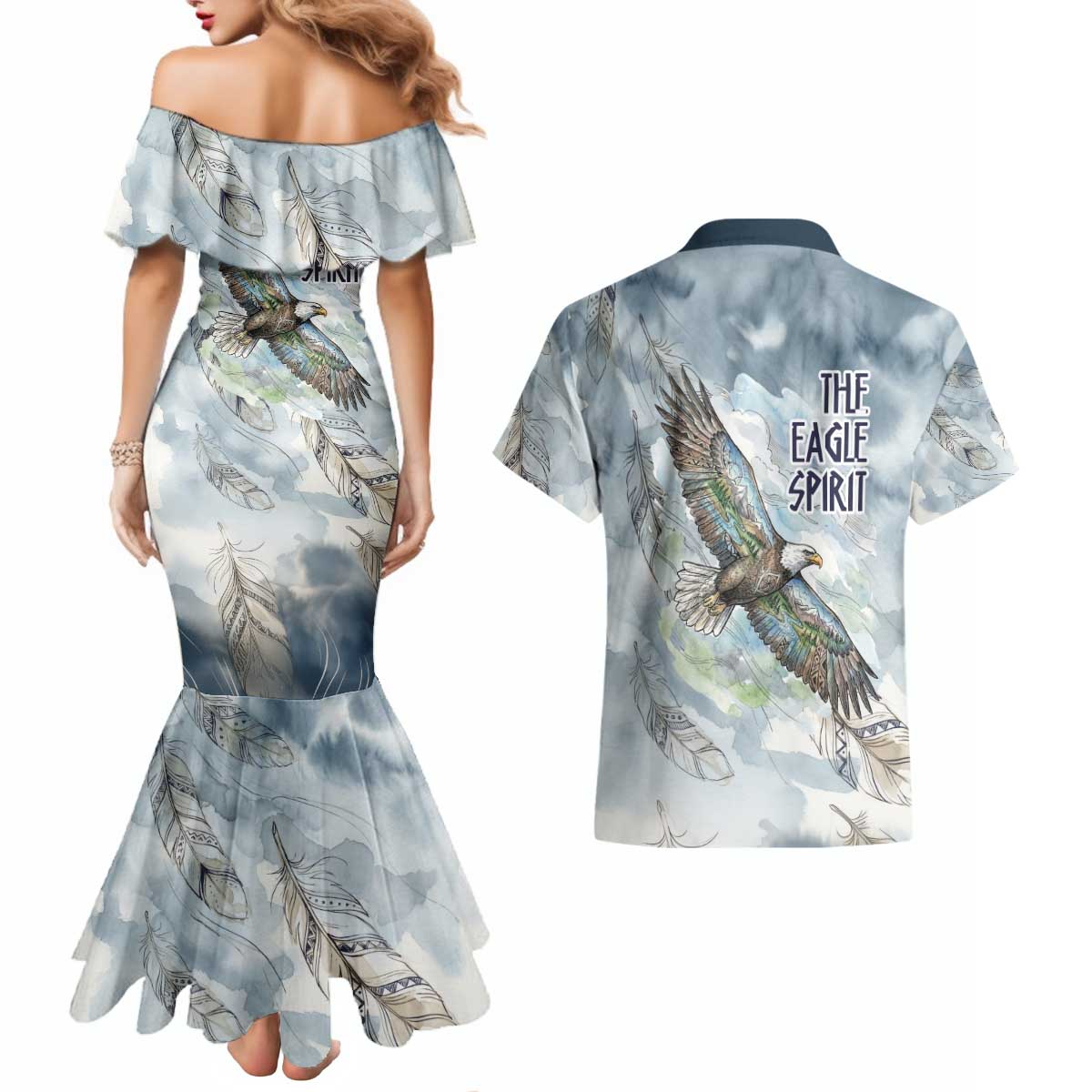 The Eagle Spirit Native American Couples Matching Mermaid Dress and Hawaiian Shirt Soaring Bald Eagle and Tribal Feathers Watercolor Sky - Wonder Print Shop