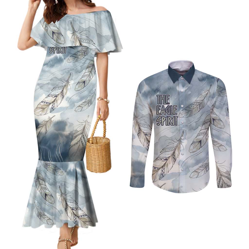 The Eagle Spirit Native American Couples Matching Mermaid Dress and Long Sleeve Button Shirt Soaring Bald Eagle and Tribal Feathers Watercolor Sky - Wonder Print Shop