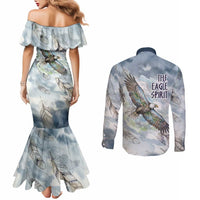 The Eagle Spirit Native American Couples Matching Mermaid Dress and Long Sleeve Button Shirt Soaring Bald Eagle and Tribal Feathers Watercolor Sky - Wonder Print Shop