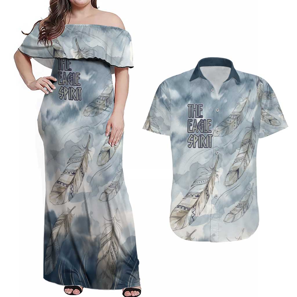 The Eagle Spirit Native American Couples Matching Off Shoulder Maxi Dress and Hawaiian Shirt Soaring Bald Eagle and Tribal Feathers Watercolor Sky - Wonder Print Shop