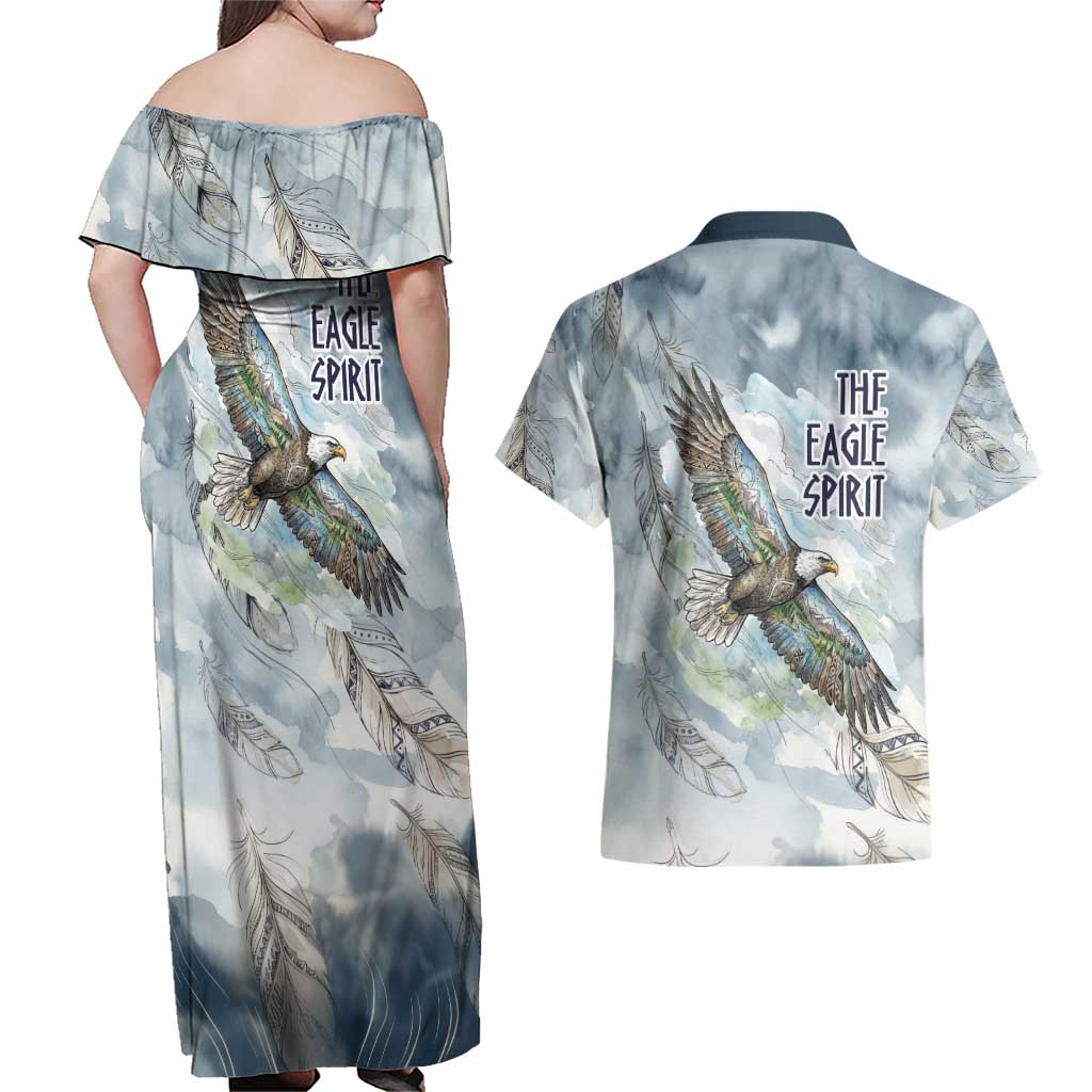 The Eagle Spirit Native American Couples Matching Off Shoulder Maxi Dress and Hawaiian Shirt Soaring Bald Eagle and Tribal Feathers Watercolor Sky - Wonder Print Shop