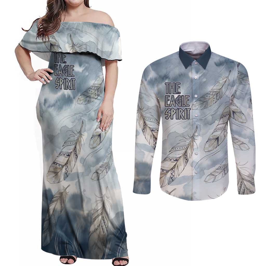 The Eagle Spirit Native American Couples Matching Off Shoulder Maxi Dress and Long Sleeve Button Shirt Soaring Bald Eagle and Tribal Feathers Watercolor Sky - Wonder Print Shop