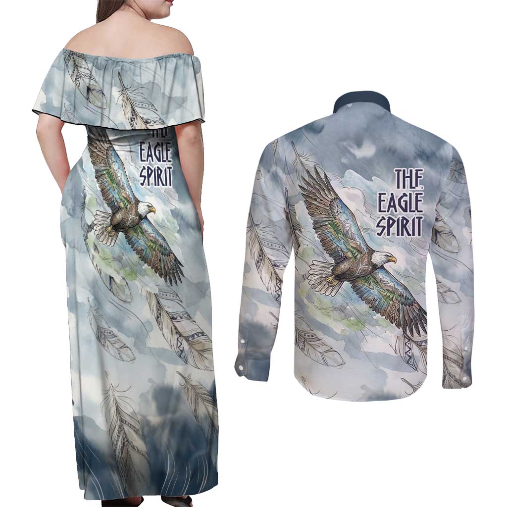 The Eagle Spirit Native American Couples Matching Off Shoulder Maxi Dress and Long Sleeve Button Shirt Soaring Bald Eagle and Tribal Feathers Watercolor Sky - Wonder Print Shop