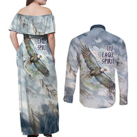 The Eagle Spirit Native American Couples Matching Off Shoulder Maxi Dress and Long Sleeve Button Shirt Soaring Bald Eagle and Tribal Feathers Watercolor Sky - Wonder Print Shop