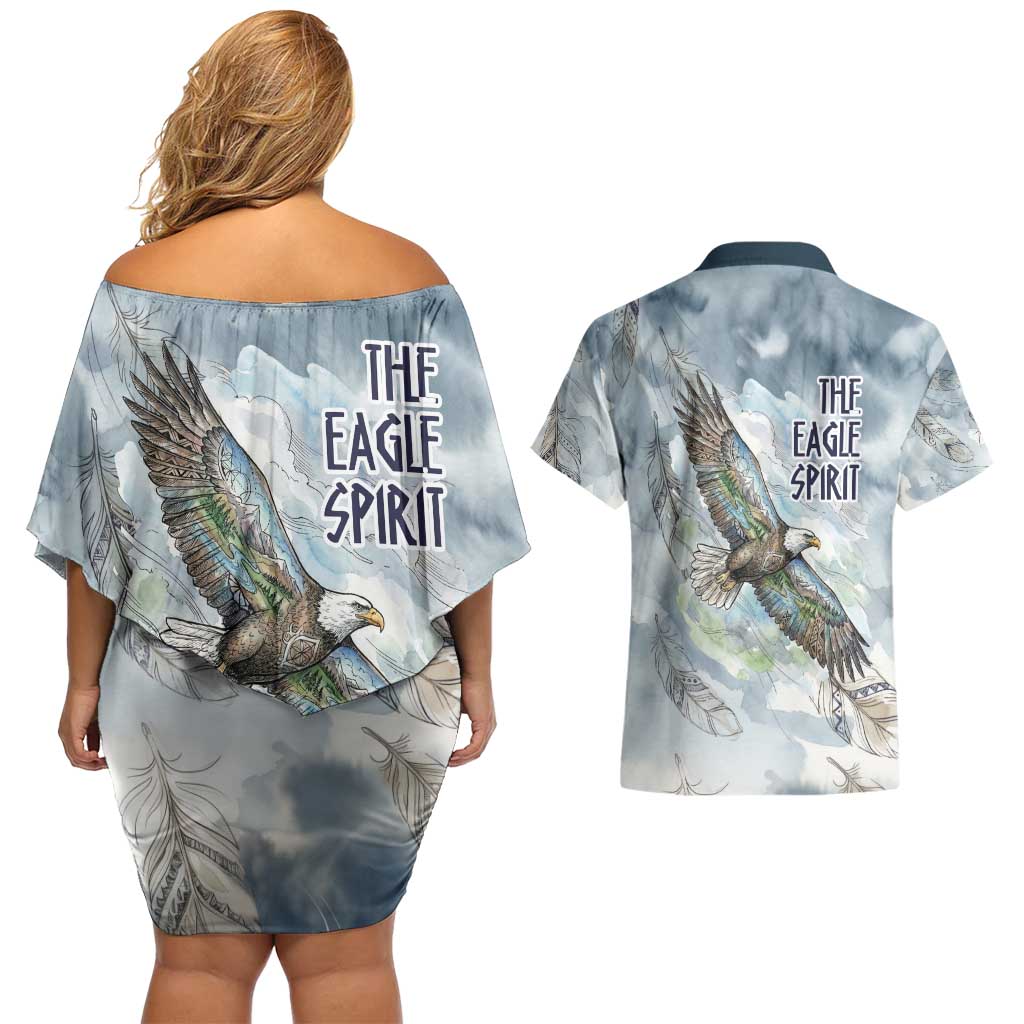 The Eagle Spirit Native American Couples Matching Off Shoulder Short Dress and Hawaiian Shirt Soaring Bald Eagle and Tribal Feathers Watercolor Sky - Wonder Print Shop