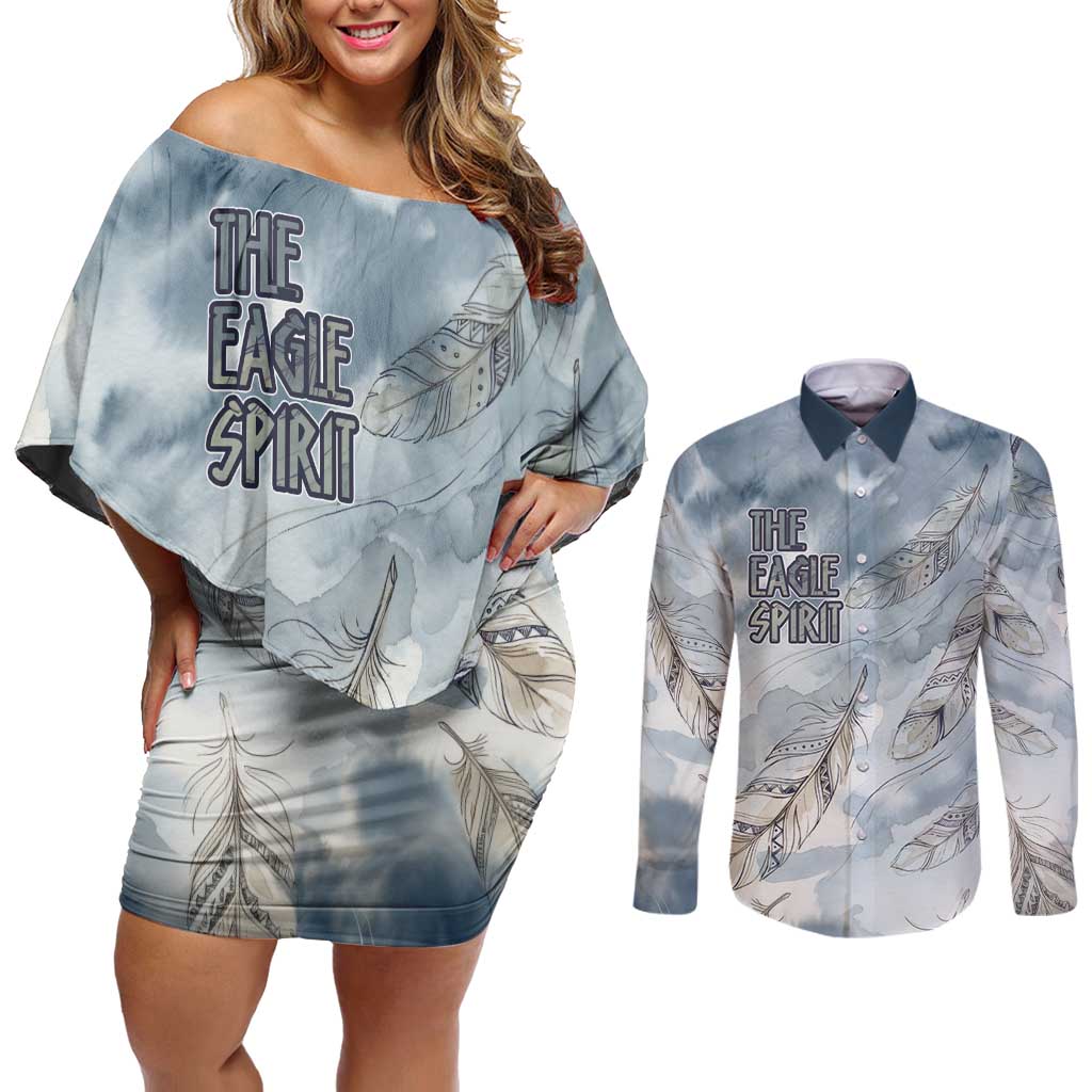 The Eagle Spirit Native American Couples Matching Off Shoulder Short Dress and Long Sleeve Button Shirt Soaring Bald Eagle and Tribal Feathers Watercolor Sky - Wonder Print Shop