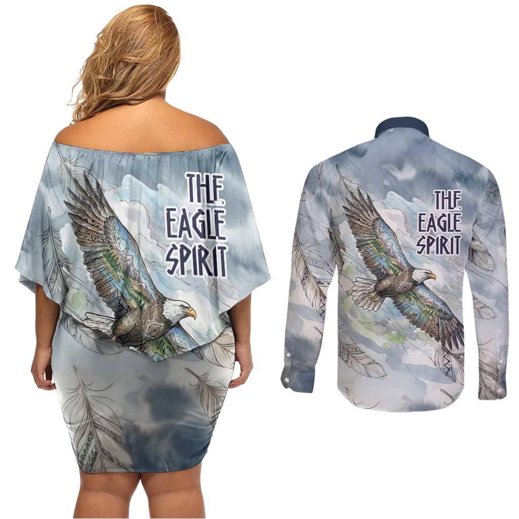 The Eagle Spirit Native American Couples Matching Off Shoulder Short Dress and Long Sleeve Button Shirt Soaring Bald Eagle and Tribal Feathers Watercolor Sky - Wonder Print Shop