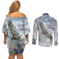 The Eagle Spirit Native American Couples Matching Off Shoulder Short Dress and Long Sleeve Button Shirt Soaring Bald Eagle and Tribal Feathers Watercolor Sky - Wonder Print Shop