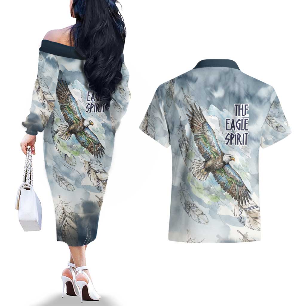 The Eagle Spirit Native American Couples Matching Off The Shoulder Long Sleeve Dress and Hawaiian Shirt Soaring Bald Eagle and Tribal Feathers Watercolor Sky - Wonder Print Shop