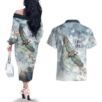 The Eagle Spirit Native American Couples Matching Off The Shoulder Long Sleeve Dress and Hawaiian Shirt Soaring Bald Eagle and Tribal Feathers Watercolor Sky - Wonder Print Shop