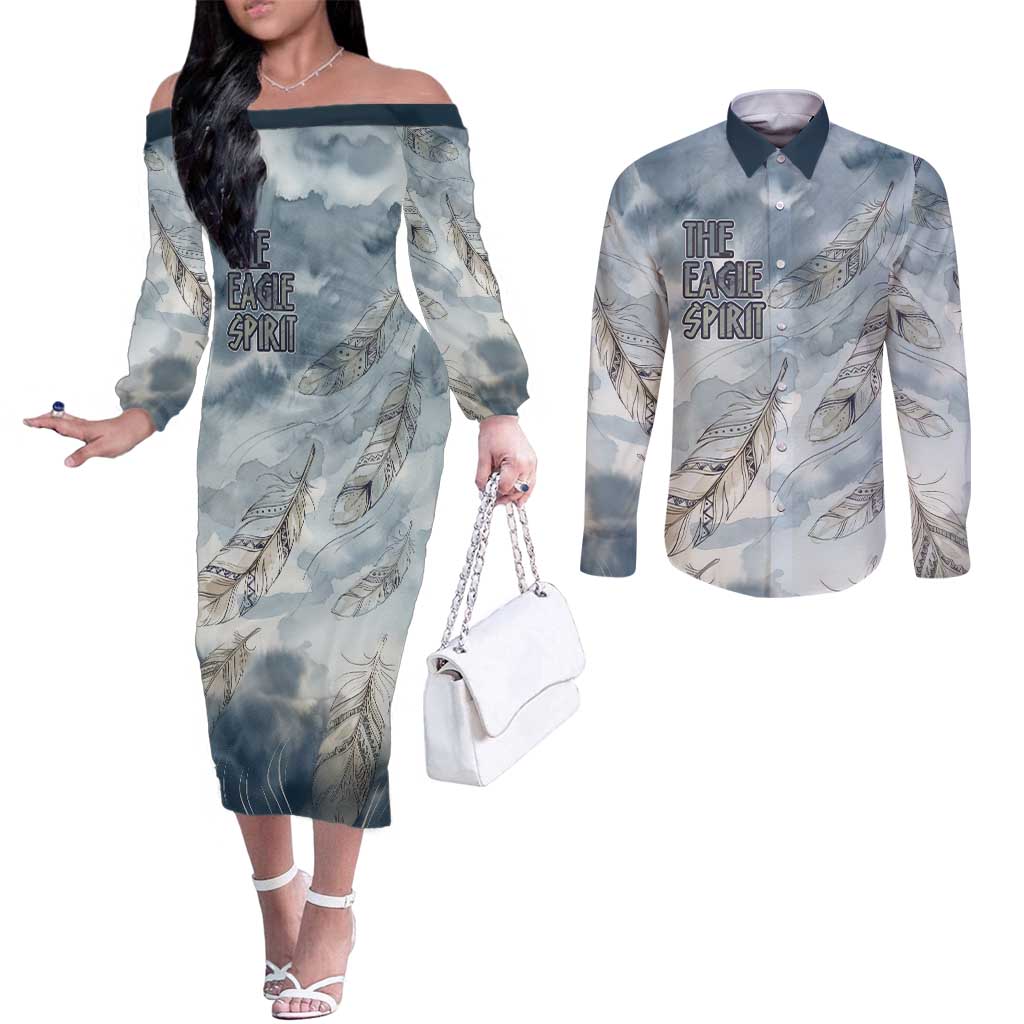 The Eagle Spirit Native American Couples Matching Off The Shoulder Long Sleeve Dress and Long Sleeve Button Shirt Soaring Bald Eagle and Tribal Feathers Watercolor Sky - Wonder Print Shop