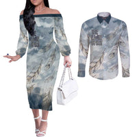 The Eagle Spirit Native American Couples Matching Off The Shoulder Long Sleeve Dress and Long Sleeve Button Shirt Soaring Bald Eagle and Tribal Feathers Watercolor Sky - Wonder Print Shop