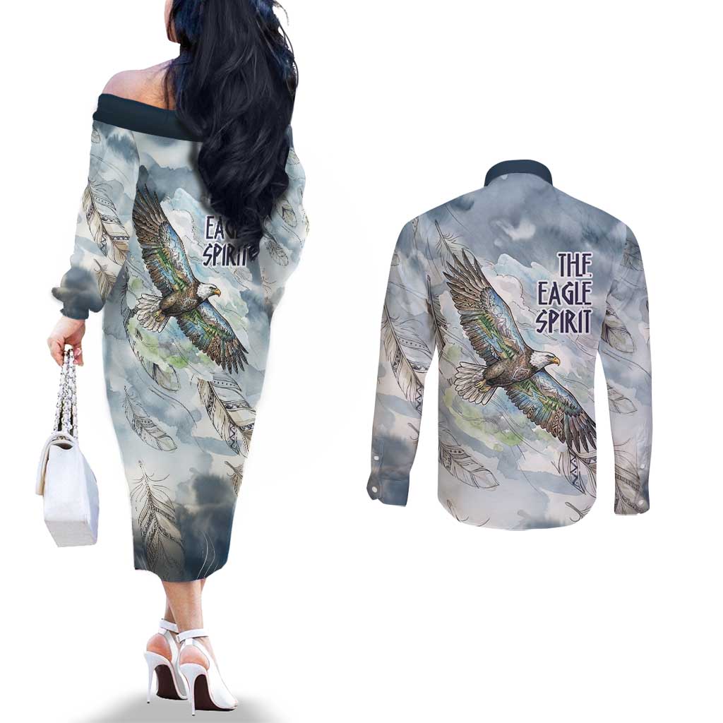 The Eagle Spirit Native American Couples Matching Off The Shoulder Long Sleeve Dress and Long Sleeve Button Shirt Soaring Bald Eagle and Tribal Feathers Watercolor Sky - Wonder Print Shop